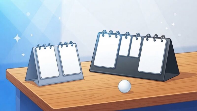 木の机の上に置いた、大きさの違う卓球用の得点板2つ。札は無地で数字は書かれていない。手前に白いボールが1個