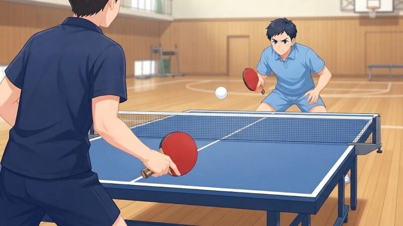 台をはさんで低く構え、緊張した表情で見合う2人の選手。デュースの場面
