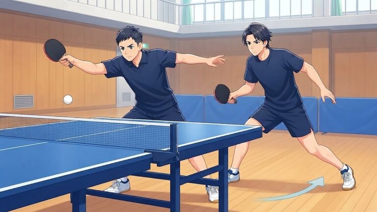 ダブルスで打ち終わった選手と回り込む選手、床に描かれた入れ替わりの矢印