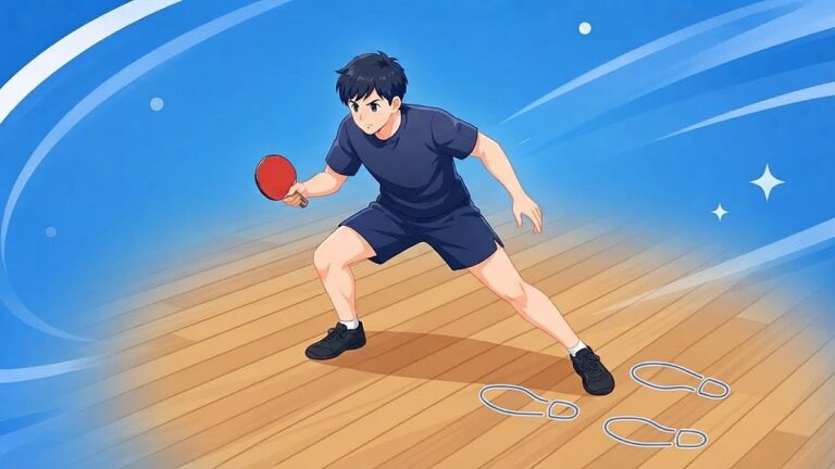 低く構えて横に踏み出す選手と、床に並んだ足あとのしるし。フットワークの基本の動き