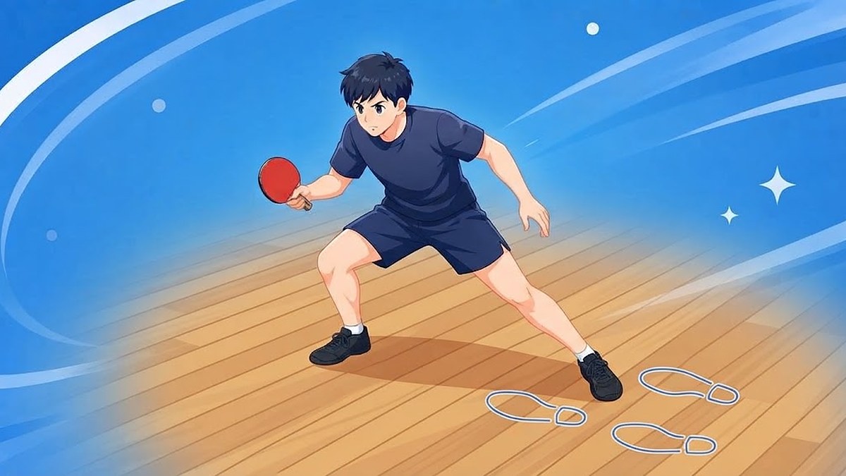 低く構えて横に踏み出す選手と、床に並んだ足あとのしるし。フットワークの基本の動き