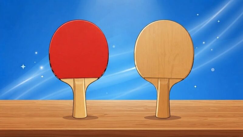 赤いラバーが貼られた完成品のラケットと、貼っていない木のブレード・赤と黒のラバーのシート