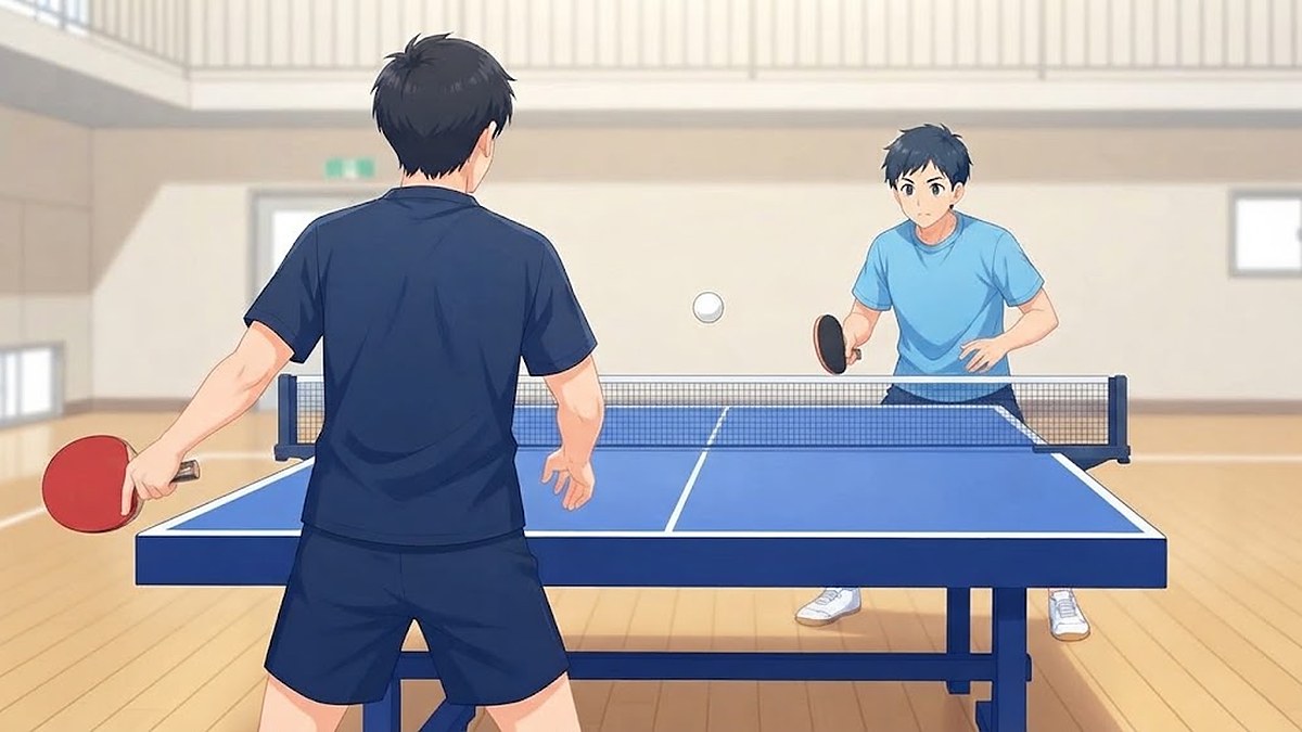 左手でラケットを持つ選手と右手で持つ選手が向かい合う場面。左利きの卓球