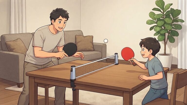 リビングのテーブルに簡易ネットを取り付け、父と子が打ち合う家庭用の卓球