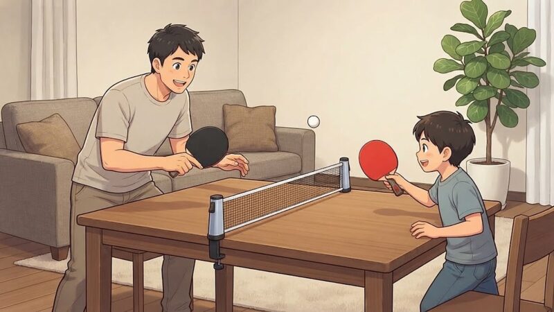 リビングのテーブルに簡易ネットを取り付け、父と子が打ち合う家庭用の卓球
