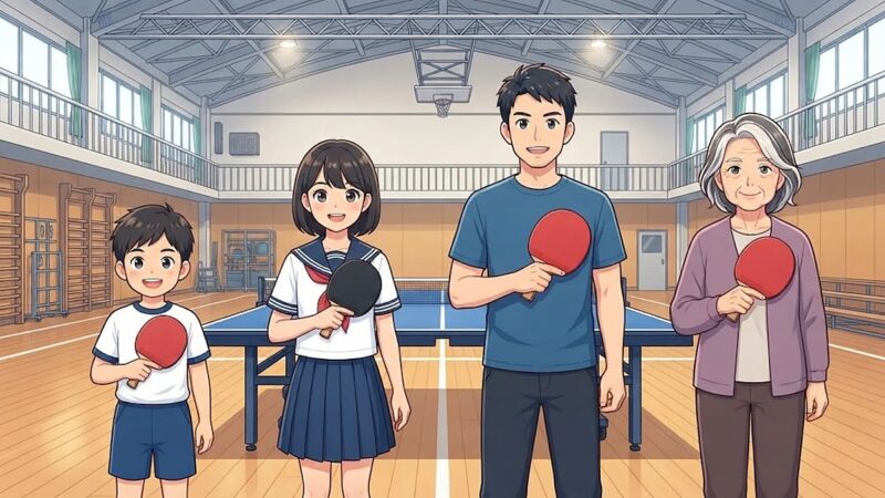 小学生・中学生・大人・年配の4人がラケットを持って並ぶ、年齢別の卓球の始め方