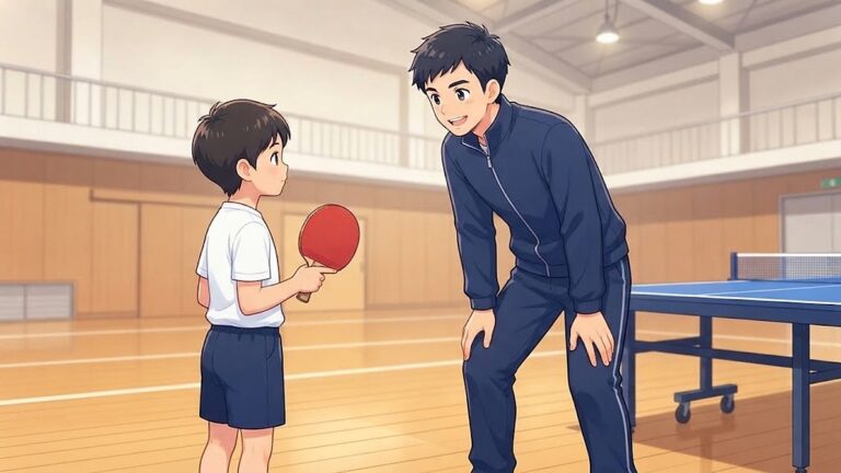 しゃがんで目線を合わせ、小学生のラケットの握り方を直しているコーチ