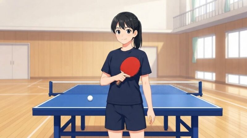 体育館の卓球台の前で、髪を1つに結んだ中学生の女子選手が赤いラバーのラケットを胸の高さで構えているイラスト