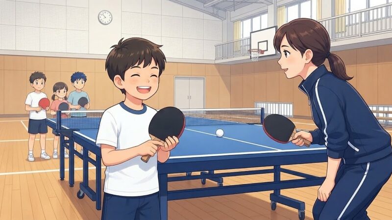 小さめのラケットを持って笑う小学生と、目線を合わせて話しかけるコーチ。順番を待つ子どもたち