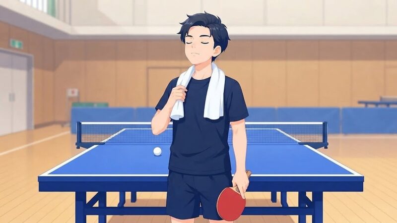 体育館の卓球台の前で、首に白いタオルをかけた中学生が目を閉じて深く息を吐いているイラスト。右手に赤いラバーのラケット、台の上に白い球が1つ