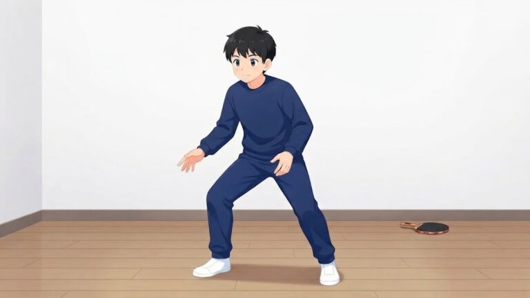 部屋の床で、紺色のジャージを着た中学生がひざを曲げて腰を落とした姿勢をとっている。奥の床に卓球ラケット