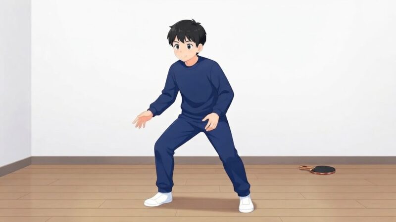 部屋の床で、紺色のジャージを着た中学生がひざを曲げて腰を落とした姿勢をとっている。奥の床に卓球ラケット