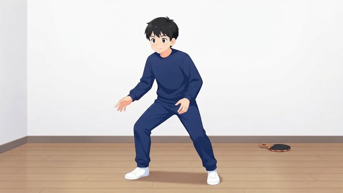 部屋の床で、紺色のジャージを着た中学生がひざを曲げて腰を落とした姿勢をとっている。奥の床に卓球ラケット