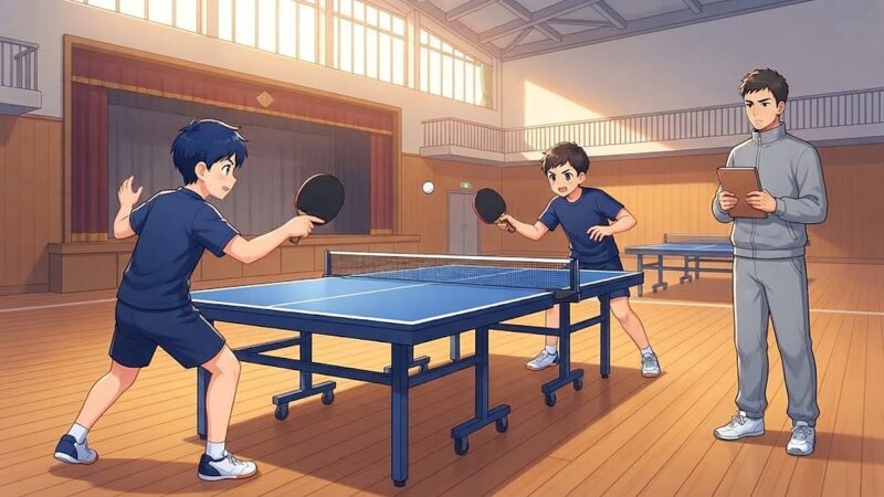 体育館で、バインダーを持って中学生の練習を見守るジャージ姿の若い先生