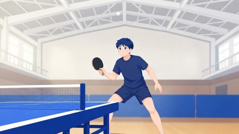 天井の高い体育館で、卓球台から大きく下がり、ラケットを低い位置から振り上げて頭上の高いボールを待つ中学生の選手
