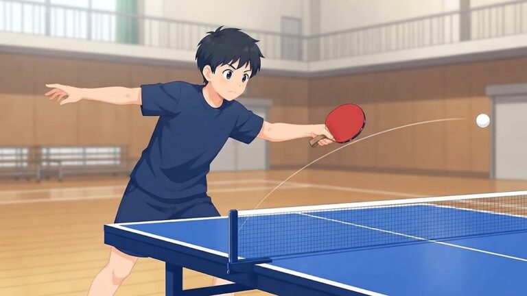 体育館で、ネットを越えて自分のフォア側へ横に曲がって逃げていく白い球を、中学生が赤いラバーのラケットを右へ伸ばして追いかけているイラスト