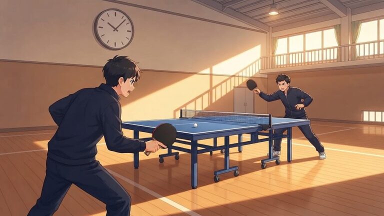 夕方の体育館で試合をする2人と、壁の掛け時計。卓球の試合時間