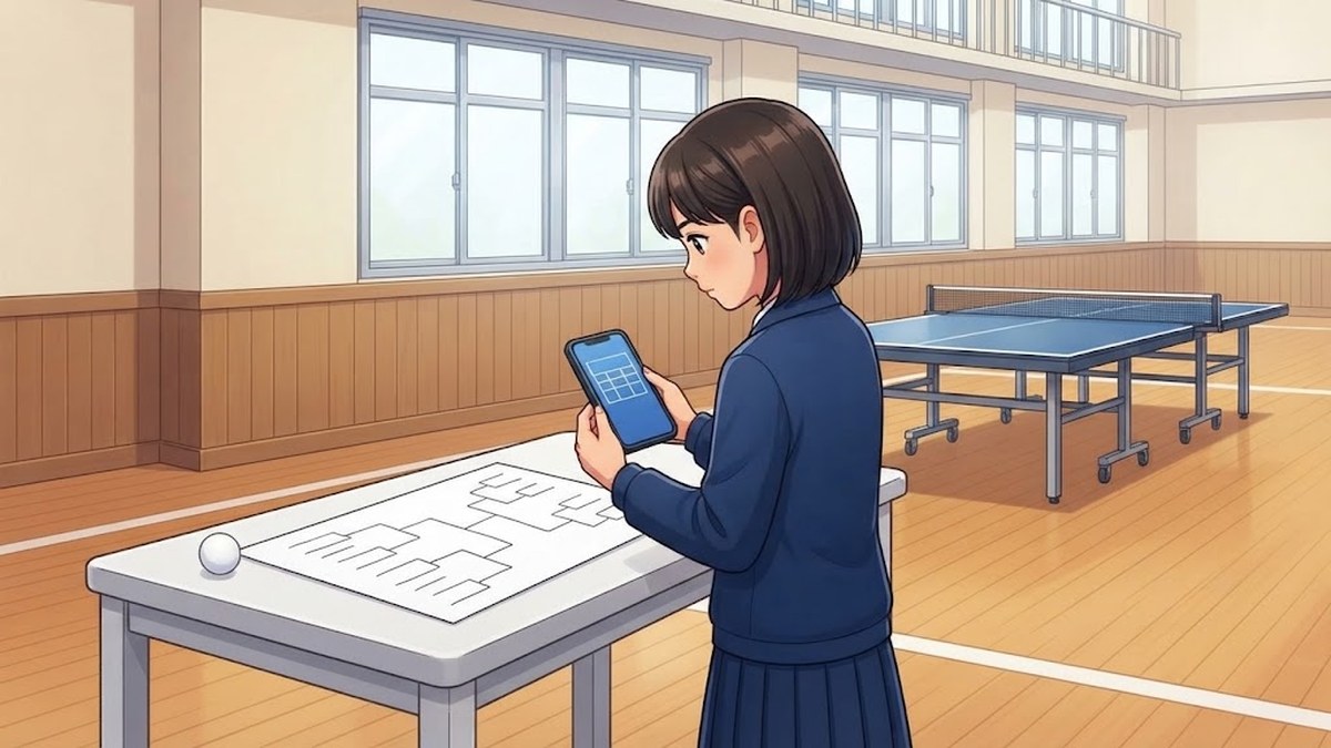 体育館の長机の前に立つ中学生の部員が、線だけのトーナメント表の紙とスマホの画面を見比べている