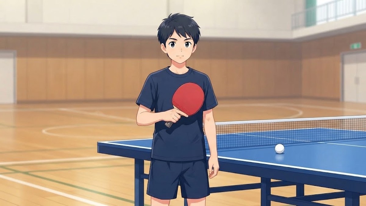 卓球台の向こう側で、ラケットの面をまっすぐ垂直に立てて胸の高さに構えた中学生の選手