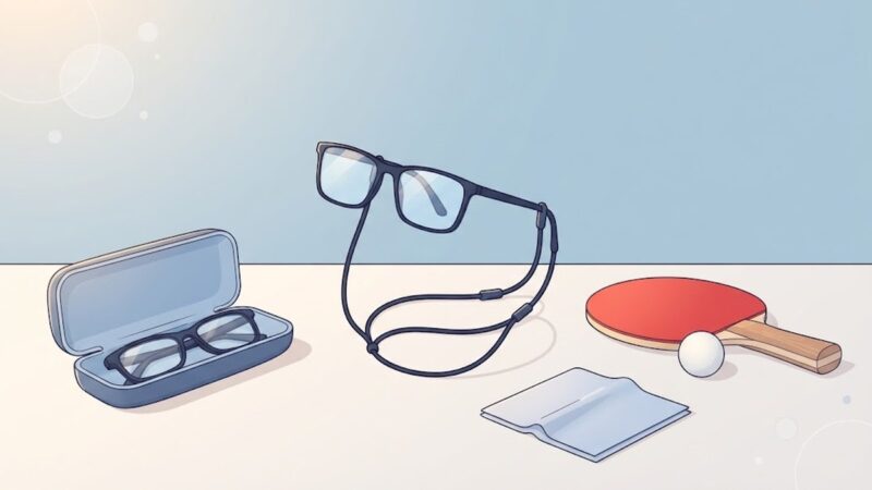ずれ止めバンドを付けたメガネと、予備のメガネを入れたケース、卓球ラケットとボール、レンズを拭く布