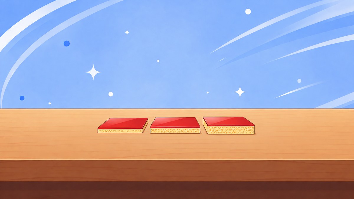 同じ厚さの赤いラバー表面と、厚さの異なるスポンジ層を並べた比較イメージ。厚みの差を強調しています