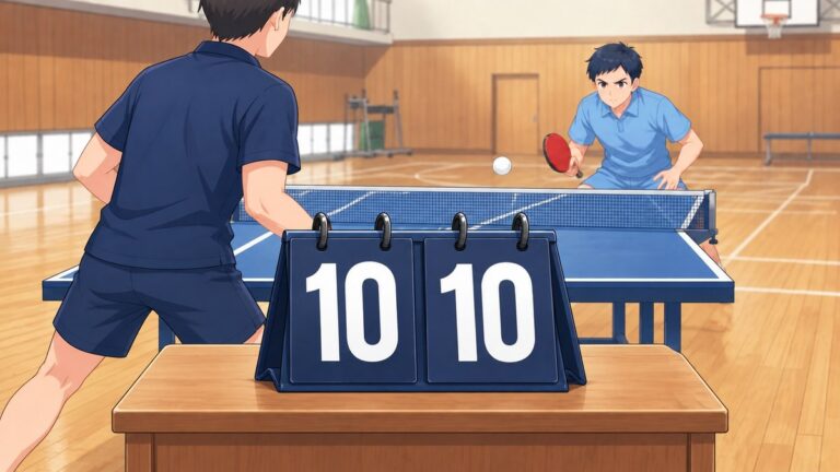 卓球の試合と10対10を示す得点板。デュースの場面