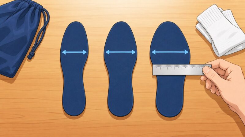 同じ長さで幅の異なる中敷きの形を並べ、足幅とフィット感を比較するイメージ。特定メーカーの商品ではありません