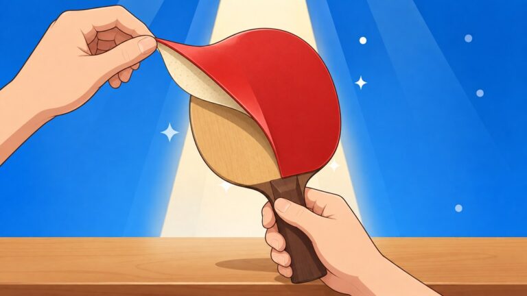 ラケットの木の板を曲げず、赤いラバーとスポンジを手で端から剥がしている様子