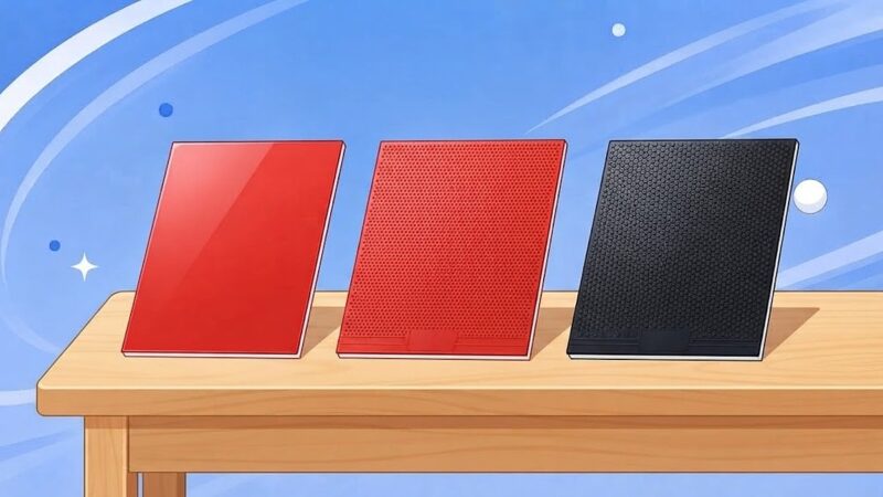 表面がなめらかな裏ソフト、短い粒の表ソフト、背の高い粒の粒高ラバーを並べた比較