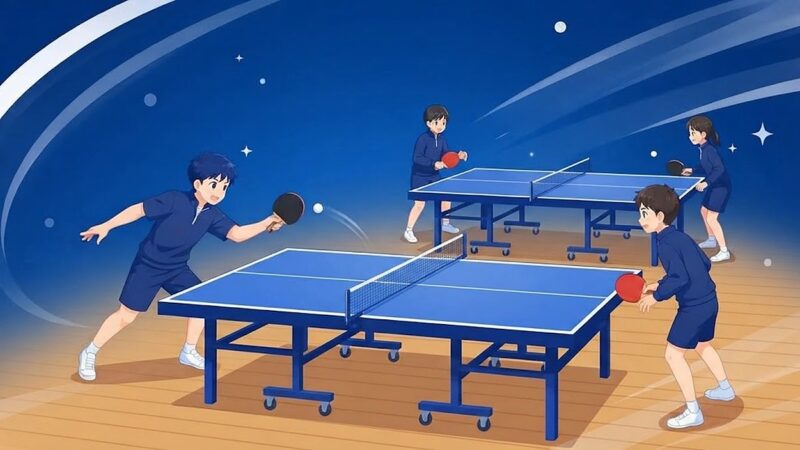 体育館の3台の卓球台で、それぞれ違う練習をしている中学生たち