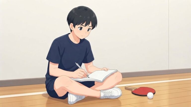 体育館の床にすわった中学生が、ひざの上に開いたノートをのせてペンで書きこんでいる。横に卓球ラケットとボール