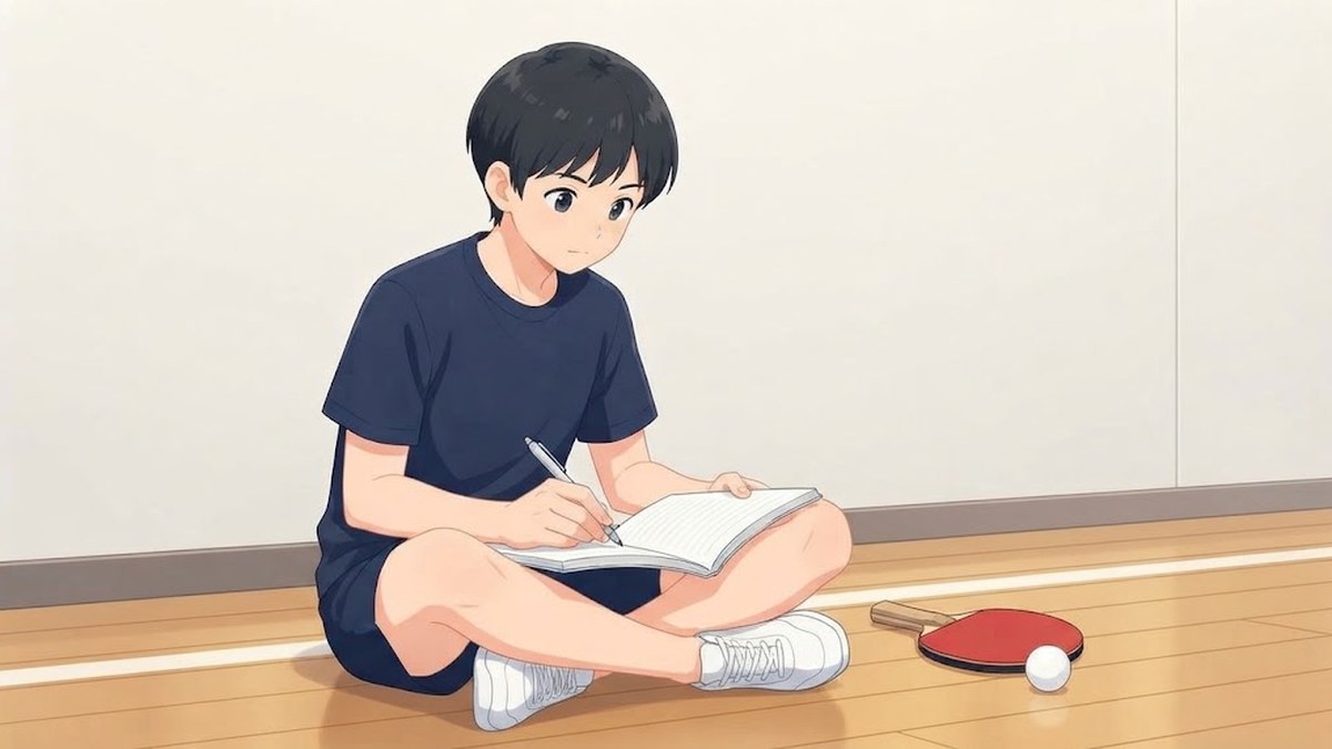体育館の床にすわった中学生が、ひざの上に開いたノートをのせてペンで書きこんでいる。横に卓球ラケットとボール