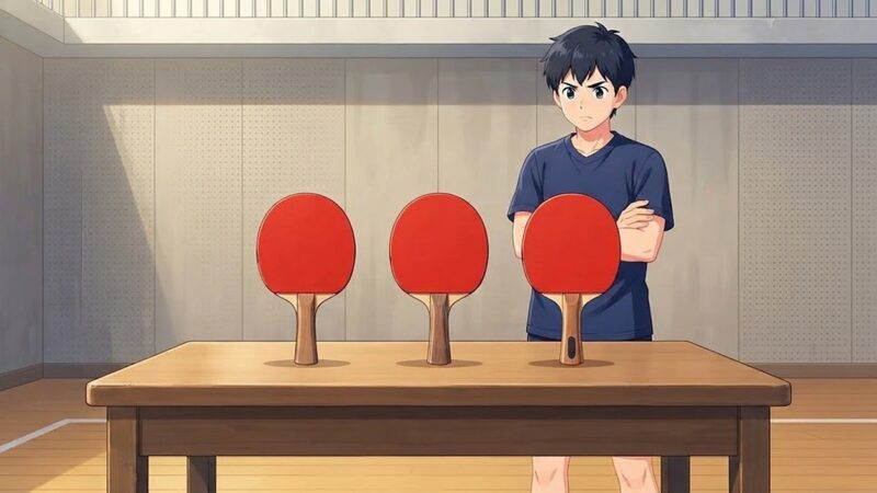 厚みとグリップの違う3本のシェークハンドラケットを見比べる中学生