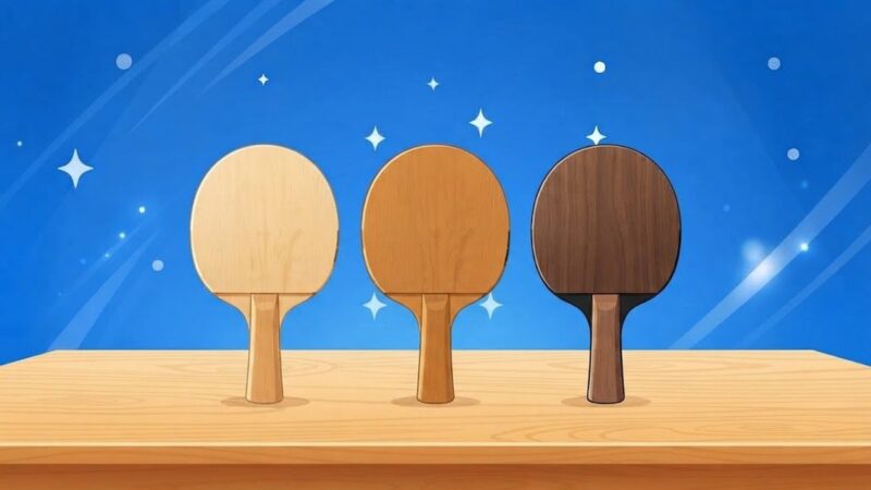 ラバーを貼っていない木の卓球ラケット3本を、淡い木材の板から黒い層の見える濃い板まで並べたイラスト