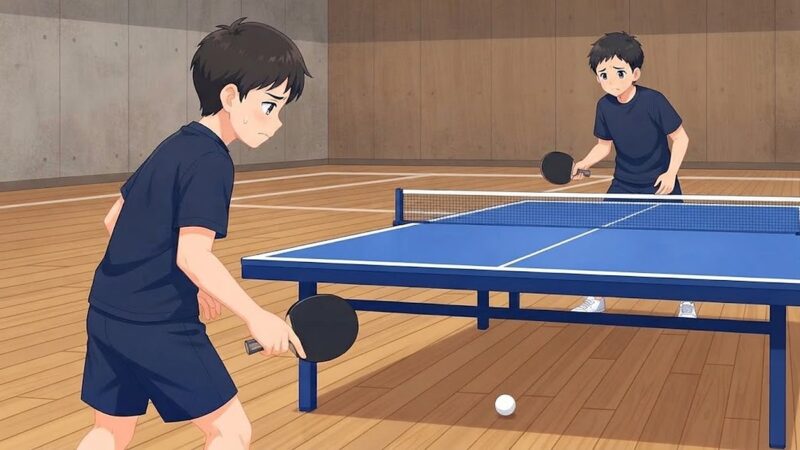 ラリーが続かず床に転がったボールと、それを見て困った顔をする2人の中学生