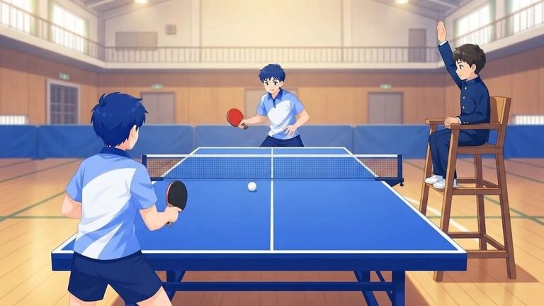 審判台に座って片手を上げ合図する中学生と、それを見る2人の選手