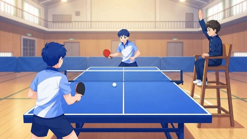 審判台に座って片手を上げ合図する中学生と、それを見る2人の選手