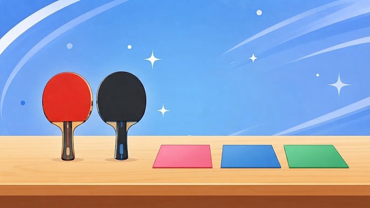 赤い面と黒い面の卓球ラケット2本と、ピンク・青・緑のラバーのシート