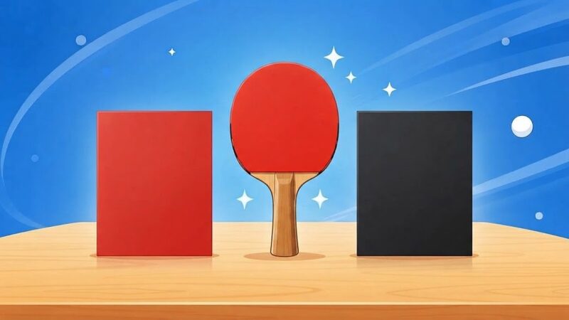 卓球ラケットの左右に赤いラバーと黒いラバーのシートを並べた、フォア面とバック面の色の違い