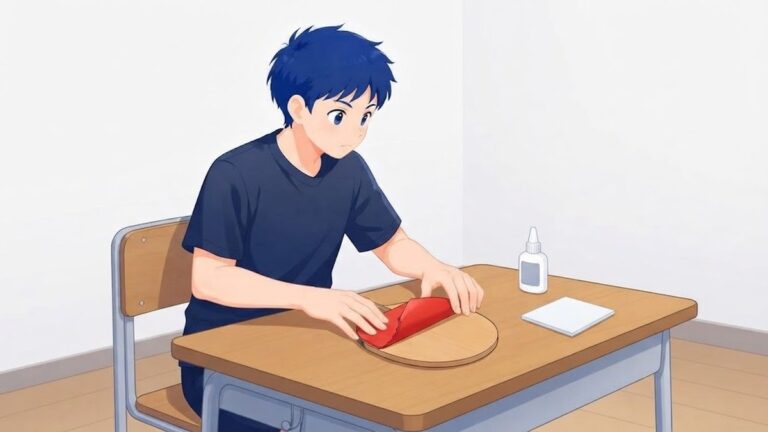 家の机で、中学生が白木のラケットに赤いラバーを貼っているイラスト。机の上に接着剤のボトル1本と貼り付けシート1枚