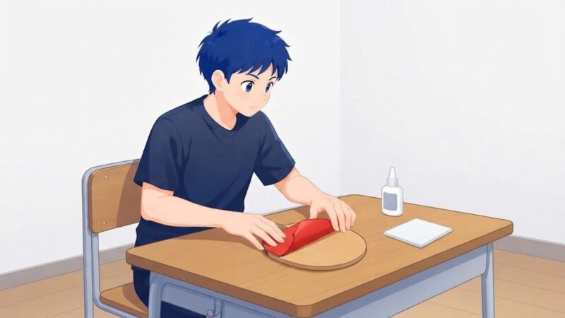 家の机で、中学生が白木のラケットに赤いラバーを貼っているイラスト。机の上に接着剤のボトル1本と貼り付けシート1枚