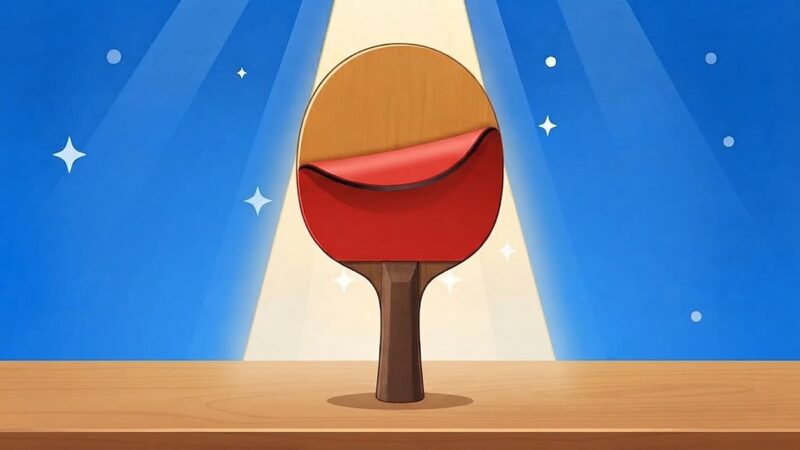 卓球ラケットから古い赤いラバーをはがし、新しいラバー・のり・はさみ・ローラーを並べた張り替えの様子