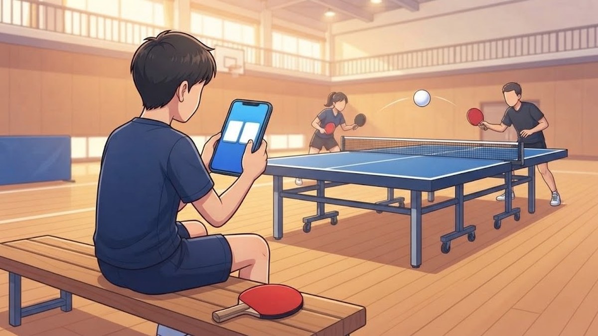 体育館のベンチにすわった中学生の部員が、両手でスマホを持って点数の画面を見ている。奥の卓球台では2人がラリーをしている