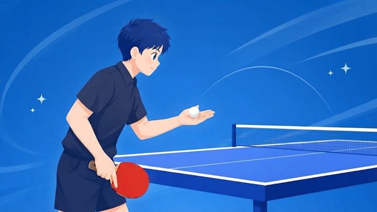 手のひらにボールをのせてサーブを出そうとする選手と、ネットを越えるボールの軌道