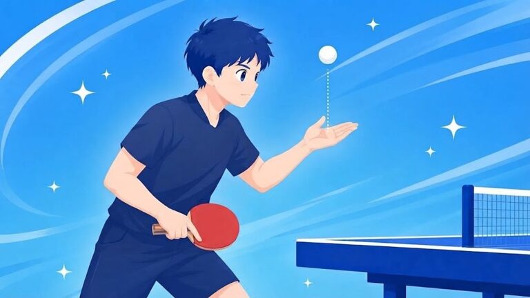 手のひらを平らに開いてボールを真上に高く上げるサーブのトス。点線が上がった高さを示す