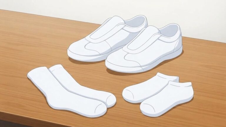 木の机の上に並べた白い室内用シューズ1足と、くるぶしが隠れる丈と短い丈の白い靴下2足