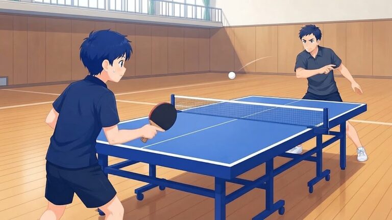 体育館で、ぎこちなく構える初心者の高校生と、球を出す先輩