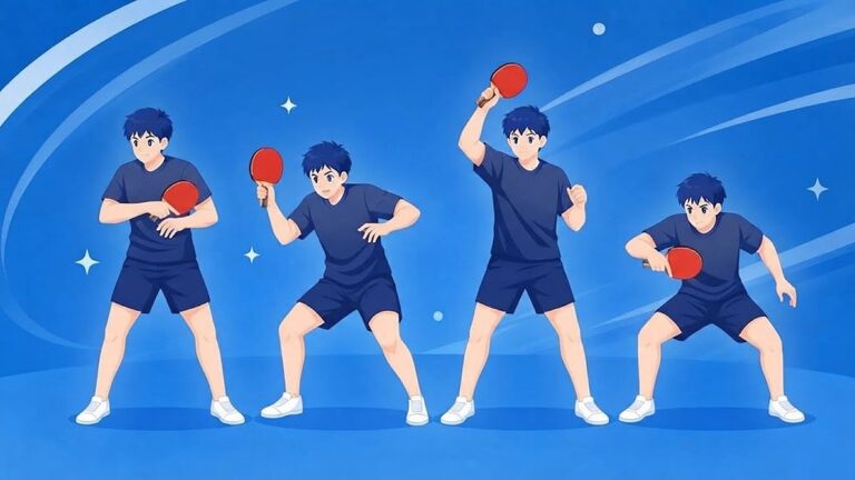 同じ選手が4種類のフォームで並ぶ、卓球の打ち方一覧