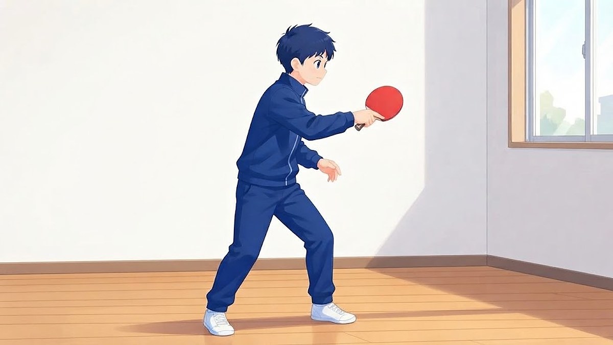 家の部屋で、紺色のジャージの中学生が右手に赤いラバーのラケットを持ってフォアハンドの素振りをしているイラスト。ボールと卓球台は無い