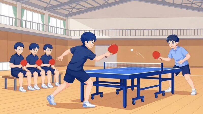 団体戦で試合をする2人と、ベンチに座って見守るチームメイト3人